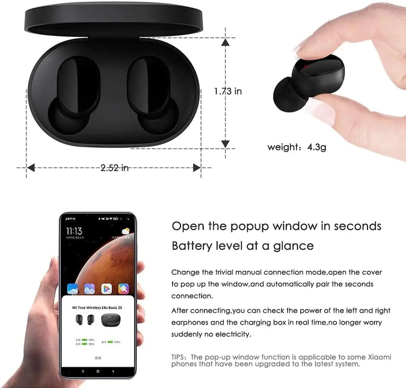 Fone de Ouvido A6S TWS Bluetooth 5.0 TWS – Xiaomi AirDots S, Estéreo, Mini, com Cancelamento de Ruído e Microfone
