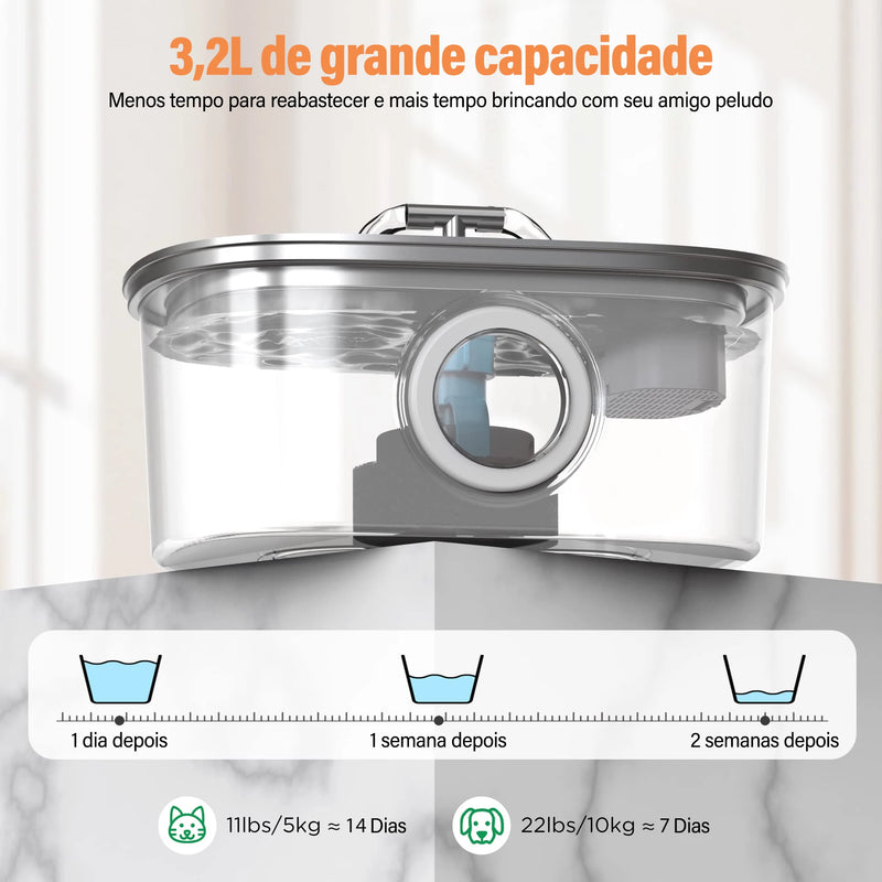 Fonte de Água Automática para Gatos e Cães | Aço Inoxidável 304 | 3,2L | Ultra Silenciosa | Filtragem Avançada
