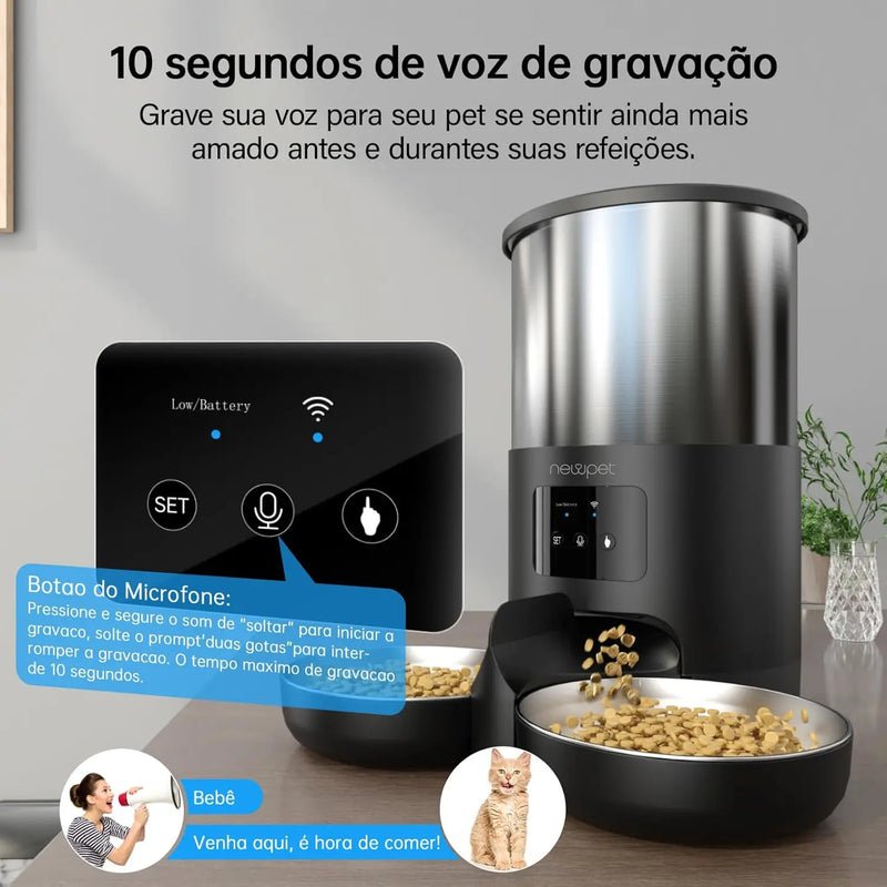 Alimentador Automático Inteligente 5L | Controle via App no Celular | Tigela Inox | Sensor Infravermelho | Gravação de Voz