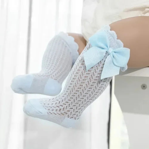 Meias Longas para Bebê Menina – Algodão Respirável com Laço – Estilo Princesa para Verão (0 a 24M)