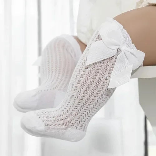 Meias Longas para Bebê Menina – Algodão Respirável com Laço – Estilo Princesa para Verão (0 a 24M)