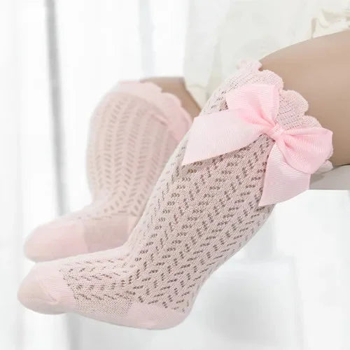 Meias Longas para Bebê Menina – Algodão Respirável com Laço – Estilo Princesa para Verão (0 a 24M)