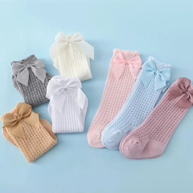 Meias Longas para Bebê Menina – Algodão Respirável com Laço – Estilo Princesa para Verão (0 a 24M)