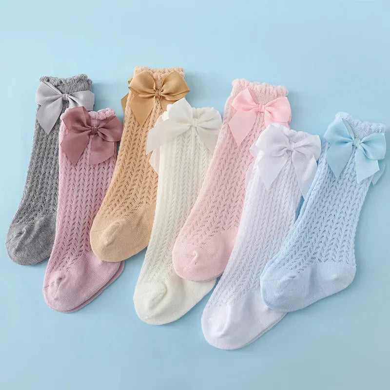 Meias Longas para Bebê Menina – Algodão Respirável com Laço – Estilo Princesa para Verão (0 a 24M)
