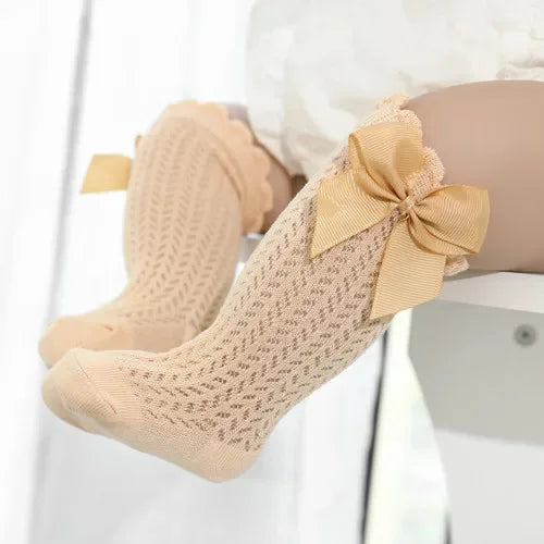 Meias Longas para Bebê Menina – Algodão Respirável com Laço – Estilo Princesa para Verão (0 a 24M)