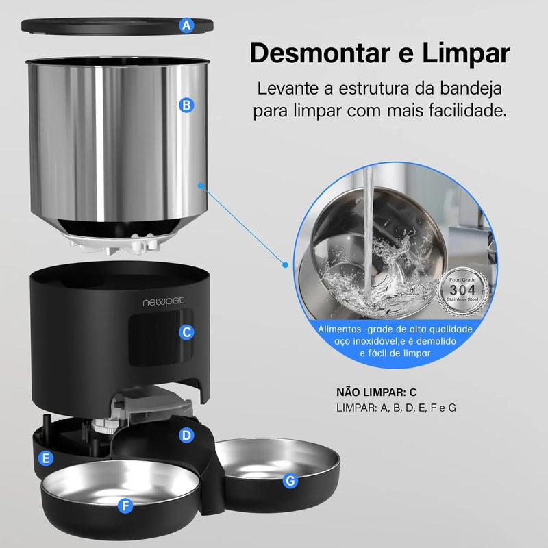 Alimentador Automático Inteligente 5L | Controle via App no Celular | Tigela Inox | Sensor Infravermelho | Gravação de Voz