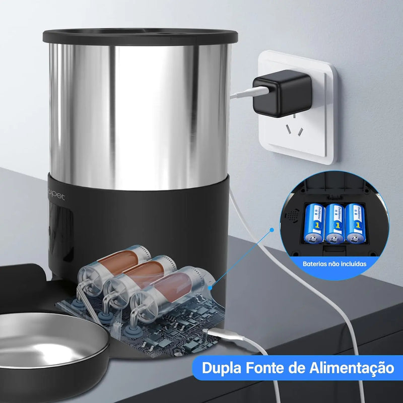 Alimentador Automático Inteligente 5L | Controle via App no Celular | Tigela Inox | Sensor Infravermelho | Gravação de Voz