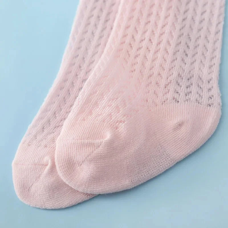 Meias Longas para Bebê Menina – Algodão Respirável com Laço – Estilo Princesa para Verão (0 a 24M)
